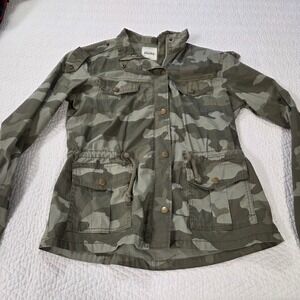 Mudd Womens Small Camo Utility Jacket Green Military Full Zip Drawstring Waist